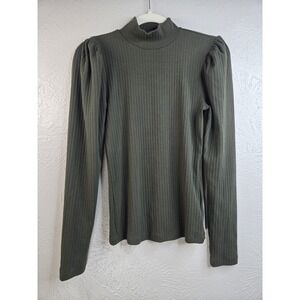 Gap Ribbed Mock Neck Top S Dark Green Long Puff Sleeve Shirt Preppy Minimalist